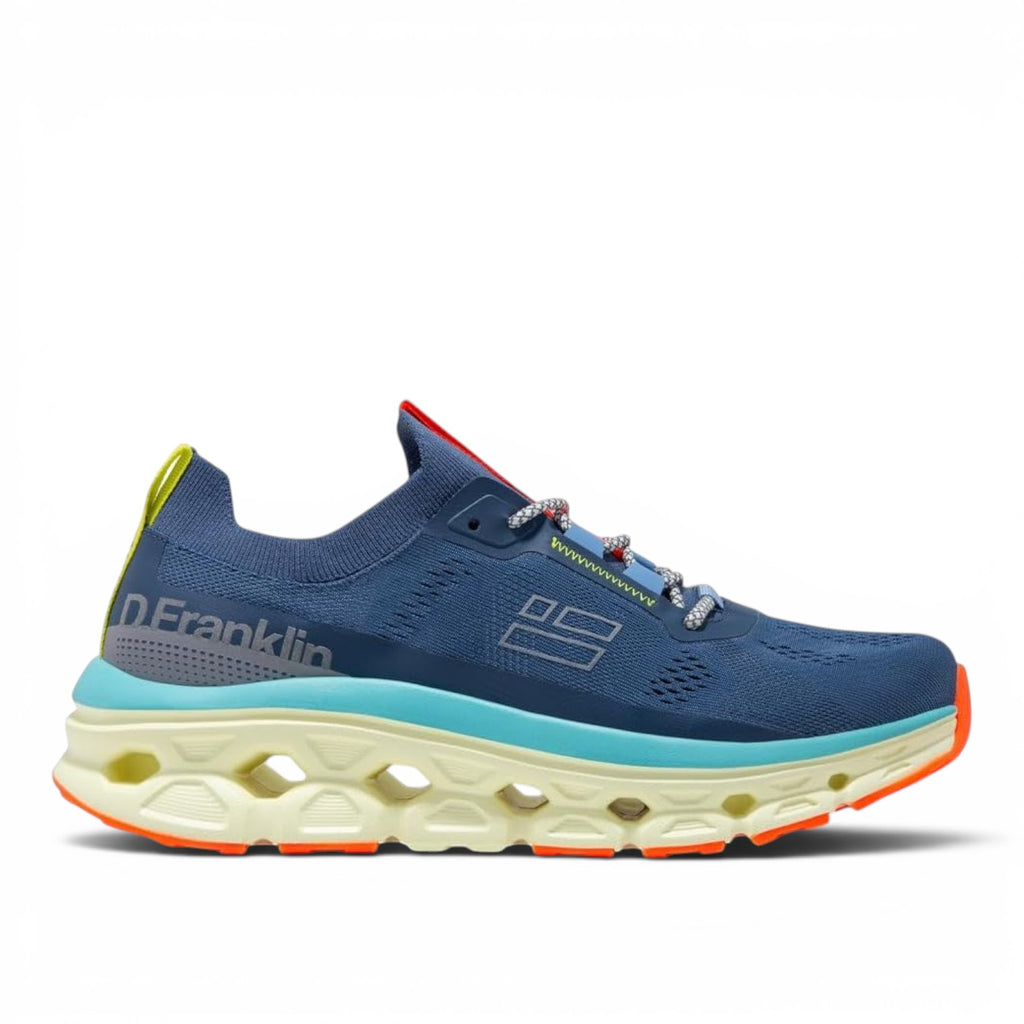ShoeShop D.Franklin 401001 blue knit running sneakers with neon yellow accents and a chunky cushioned sole