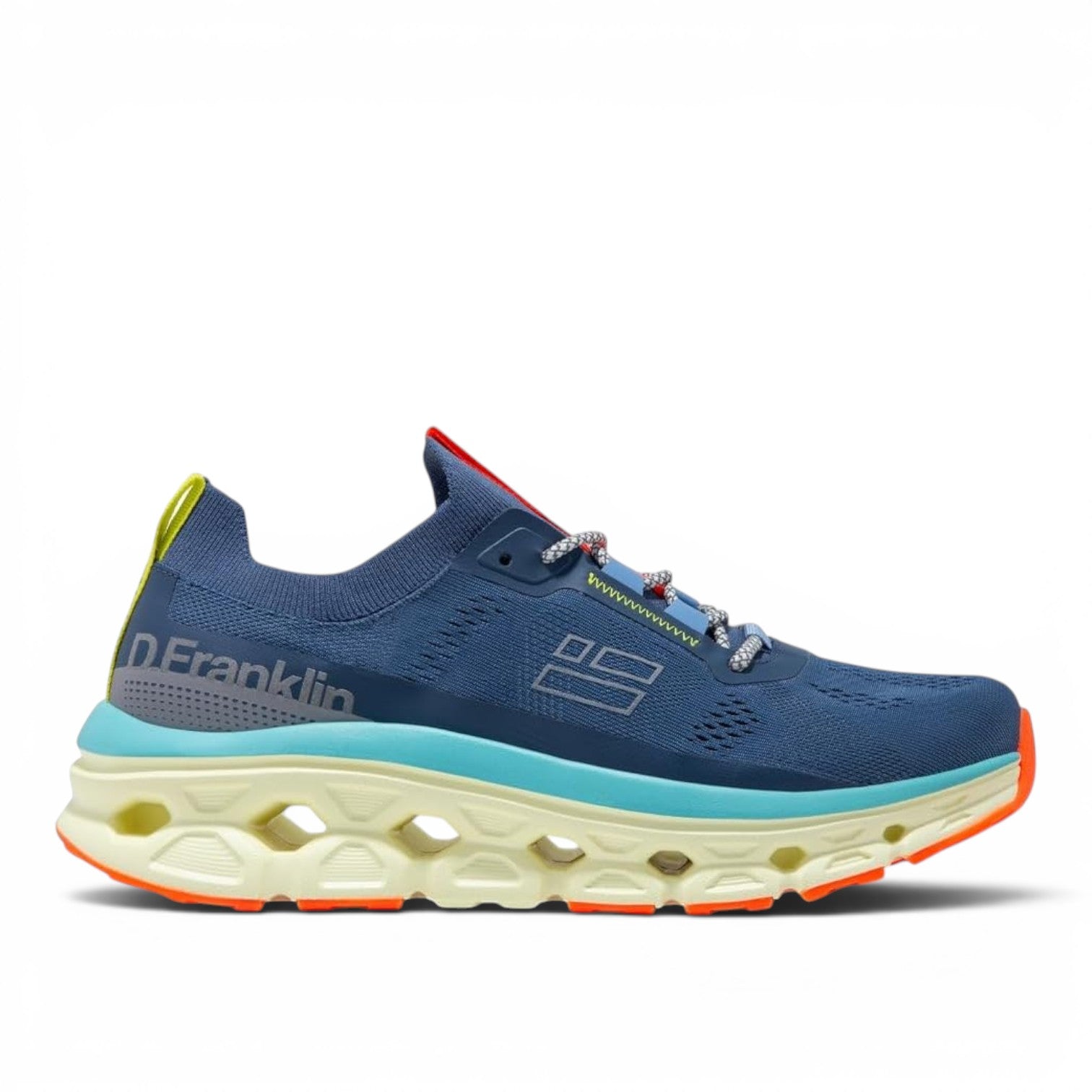 ShoeShop D.Franklin 401001 blue knit running sneakers with neon yellow accents and a chunky cushioned sole