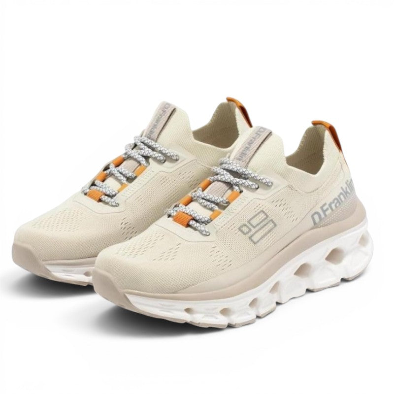 ShoeShop D.Franklin 401001 beige knit sneakers with chunky white platform soles and orange accent details.