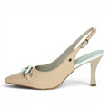 ShoeShop Donna Serena beige leather slingback heels with a pointed toe and decorative chain detail