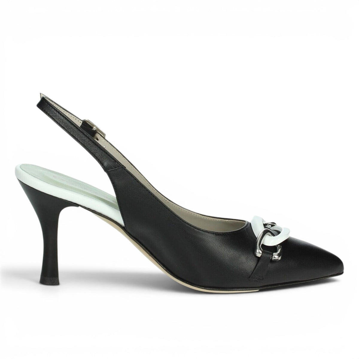 ShoeShop Donna Serena black leather slingback heels with a pointed toe, kitten heel, and white chain detail.