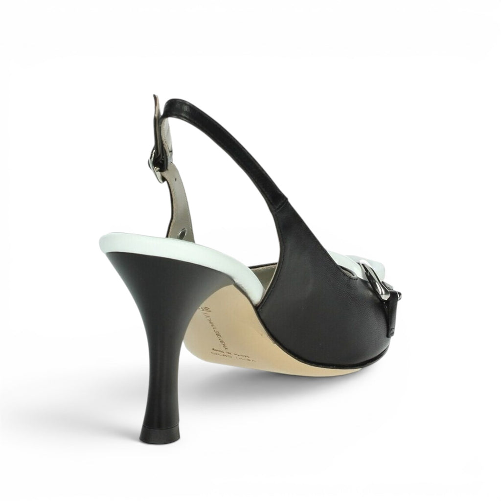 ShoeShop Donna Serena black and white leather slingback heels with a flared mid-heel, side view