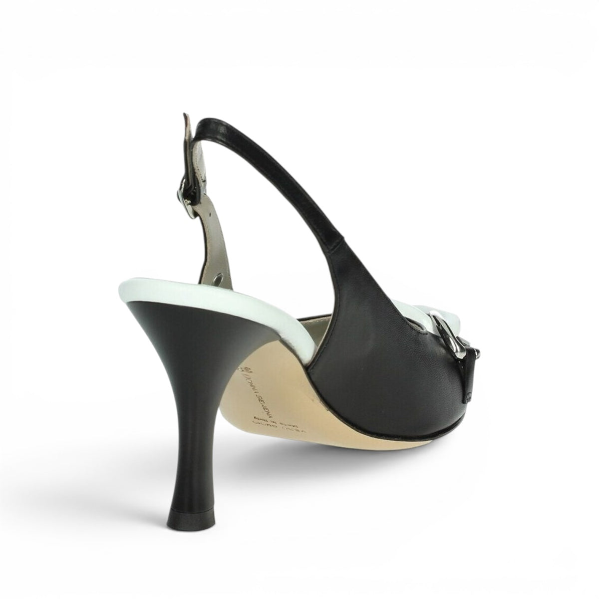 ShoeShop Donna Serena black and white leather slingback heels with a flared mid-heel, side view