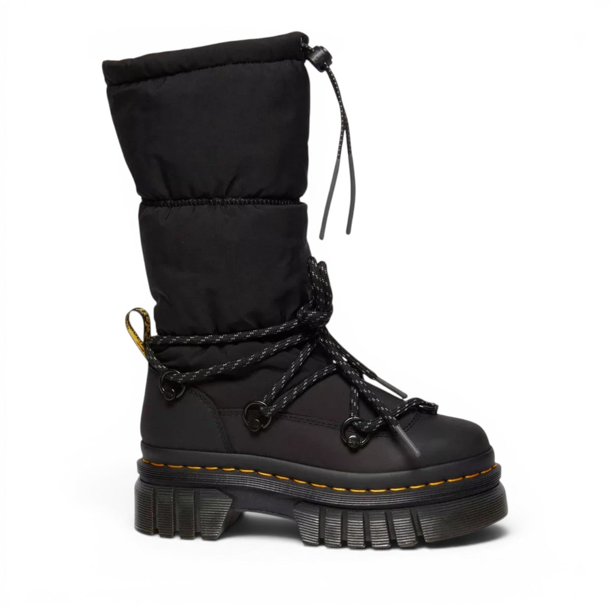 ShoeShop Dr. Martens Audrick Hi Puffer black waterproof leather and textile boots with fleece lining and thick sole.