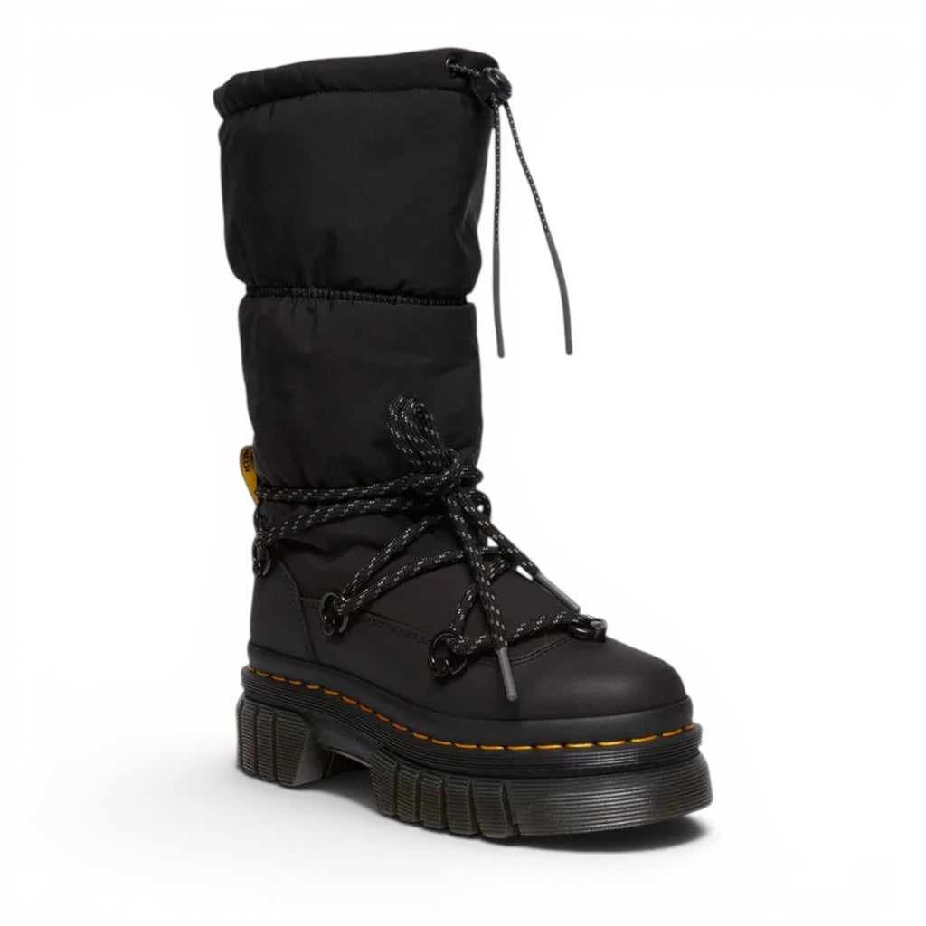 ShoeShop Dr. Martens Audrick Hi Puffer black leather and textile boots with fleece lining and chunky platform sole