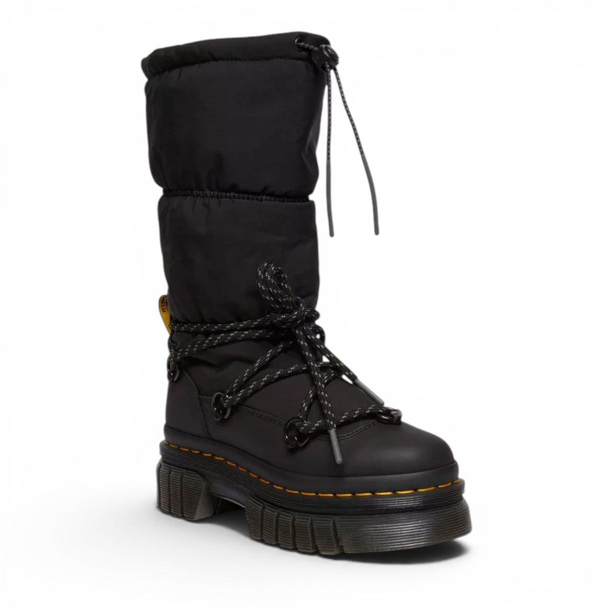 ShoeShop Dr. Martens Audrick Hi Puffer black leather and textile boots with fleece lining and chunky platform sole