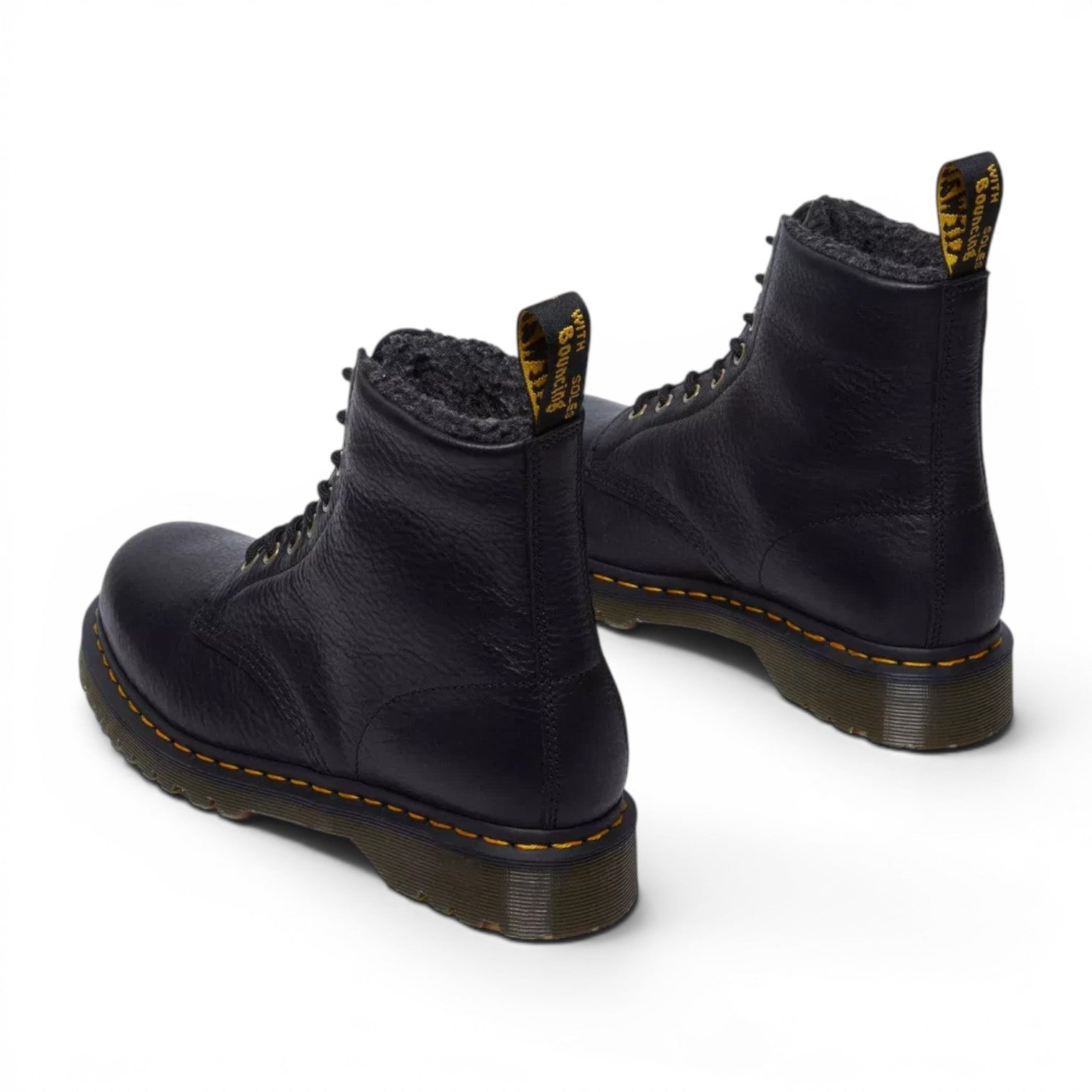ShoeShop Dr. Martens 1460 black grizzly leather boots with warm faux fur lining and signature yellow stitching