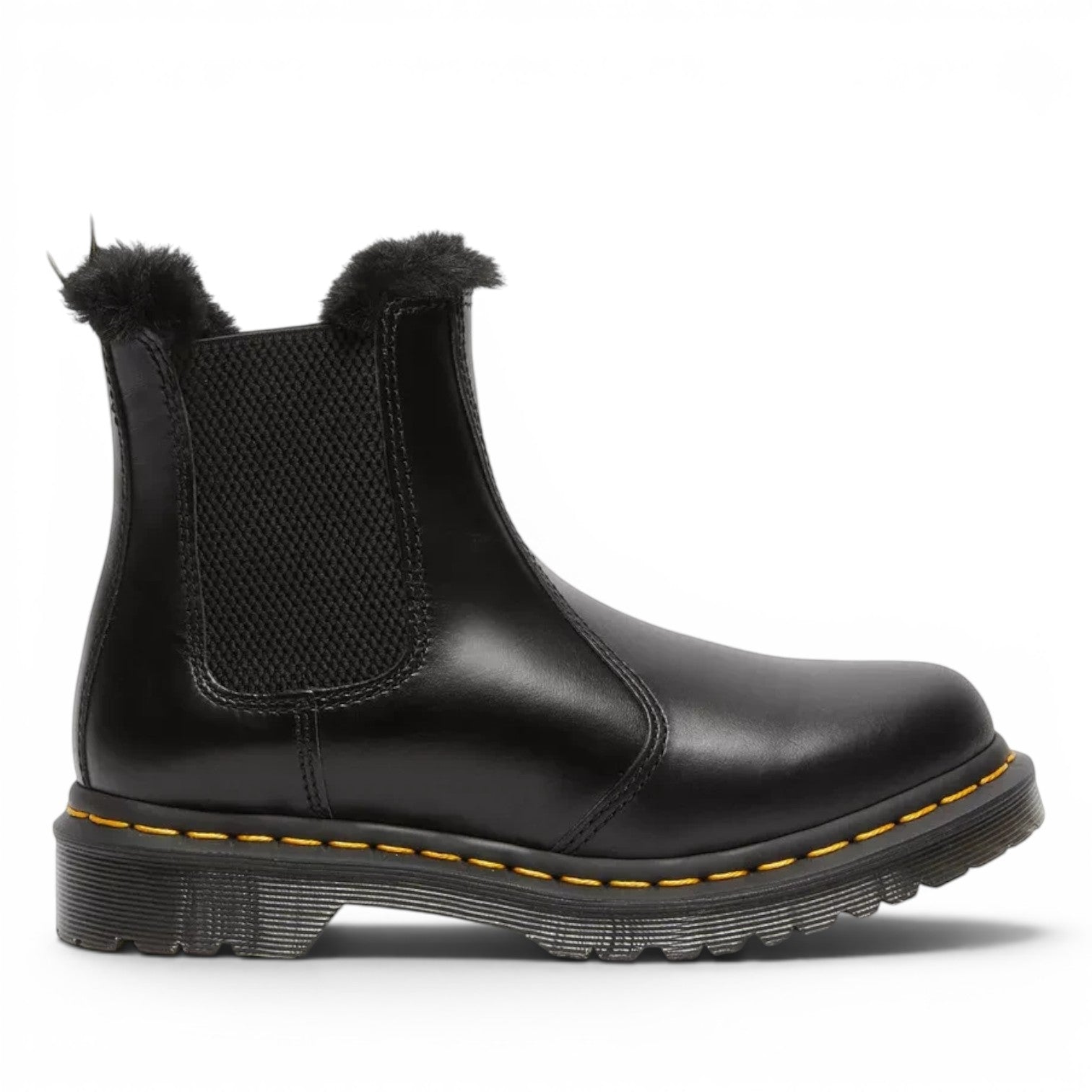 ShoeShop Dr. Martens black leather Chelsea boots with faux fur lining and signature yellow welt stitching