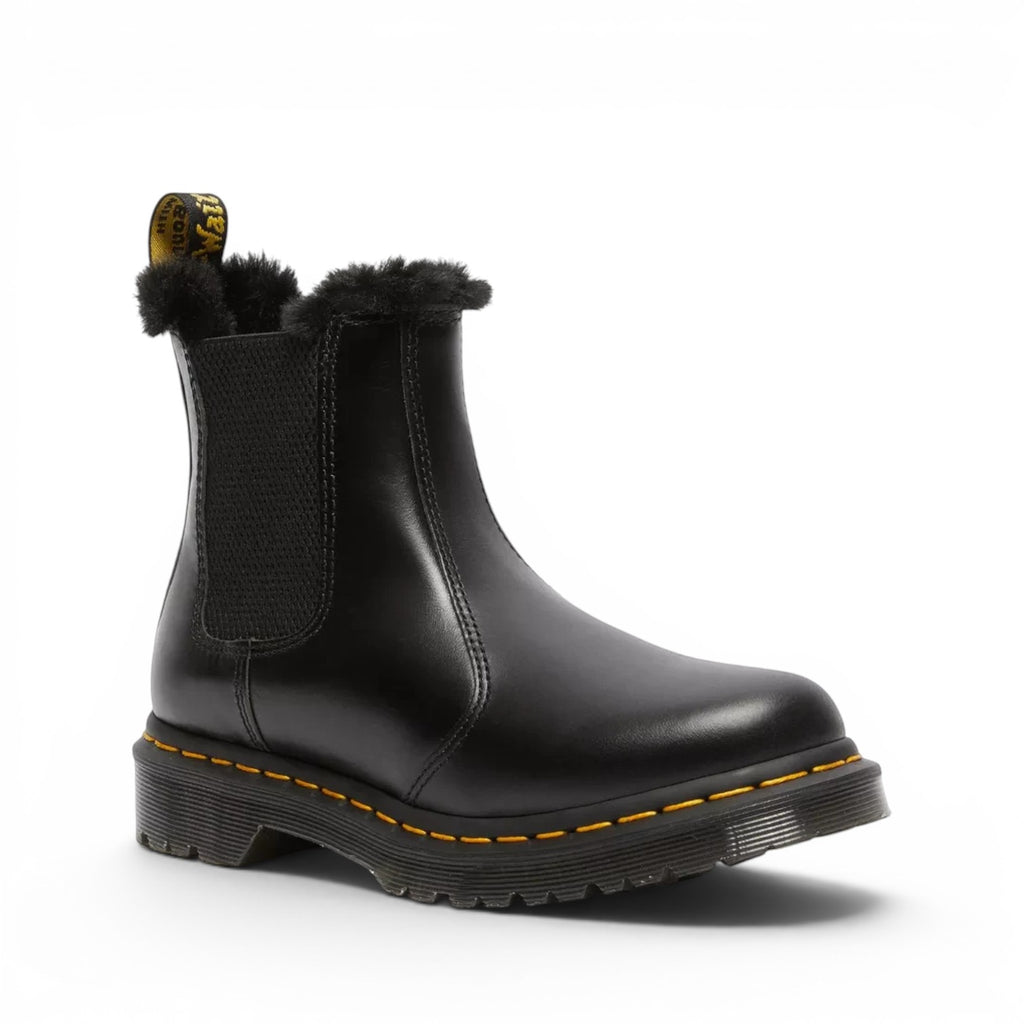 ShoeShop Dr. Martens black leather Chelsea boots with faux fur lining and signature yellow welt stitching