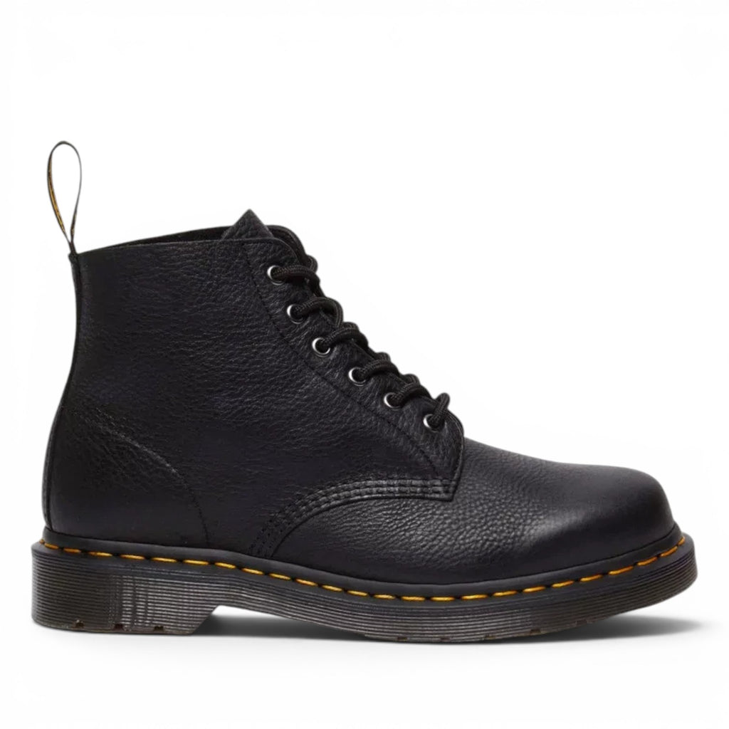 ShoeShop Dr. Martens 101 Ambassador black soft leather ankle boots with yellow welt stitching and PVC sole