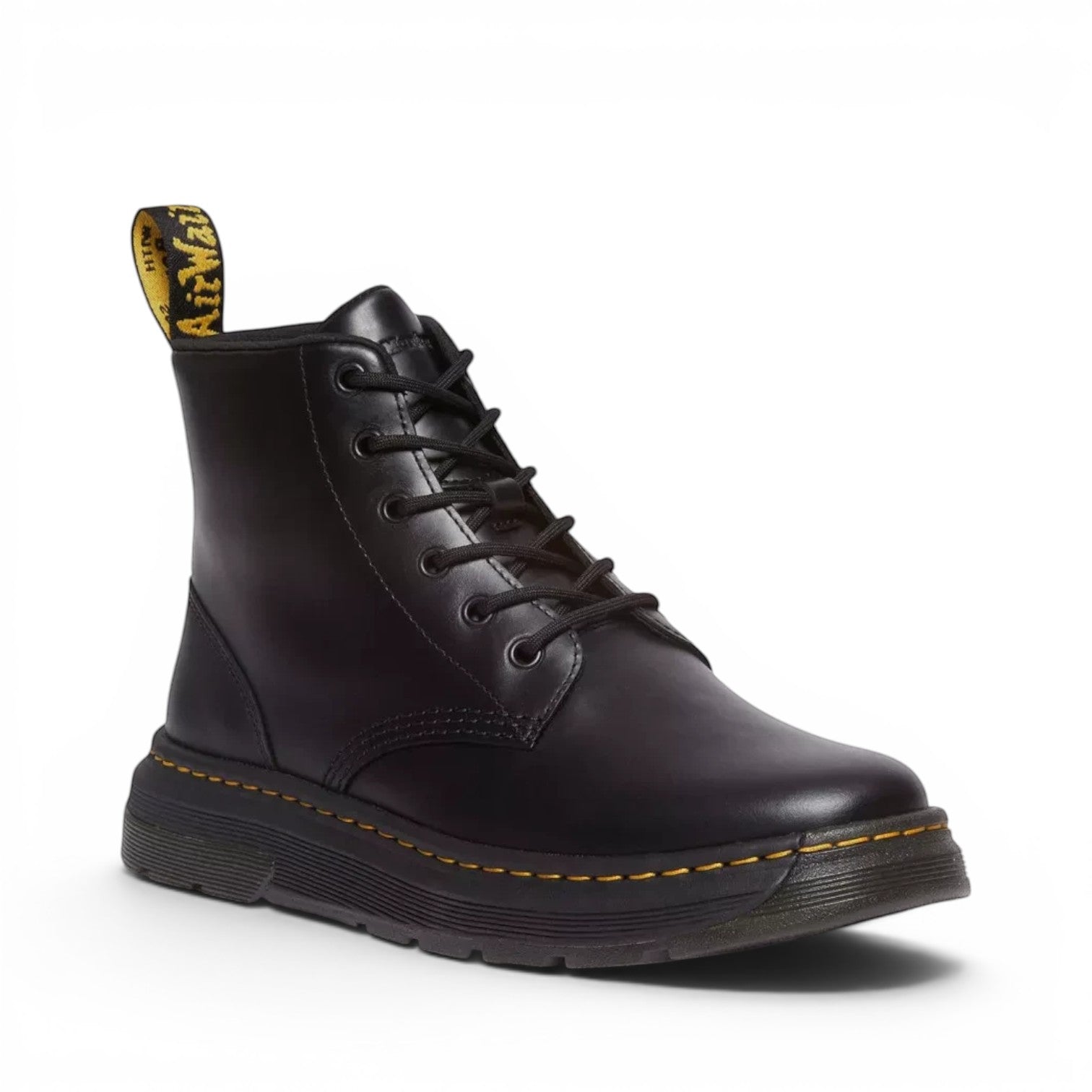ShoeShop Dr. Martens black leather lace-up ankle boots with signature yellow stitching and heel loop