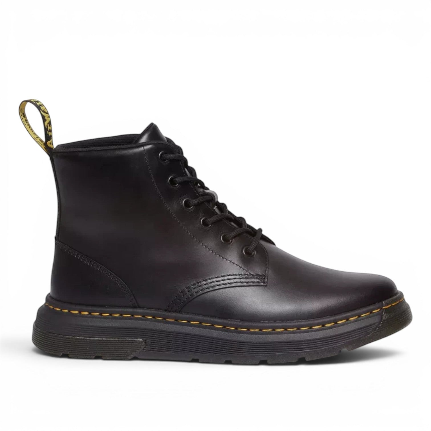 ShoeShop Dr. Martens black leather lace-up ankle boots with iconic yellow stitching and heel loop
