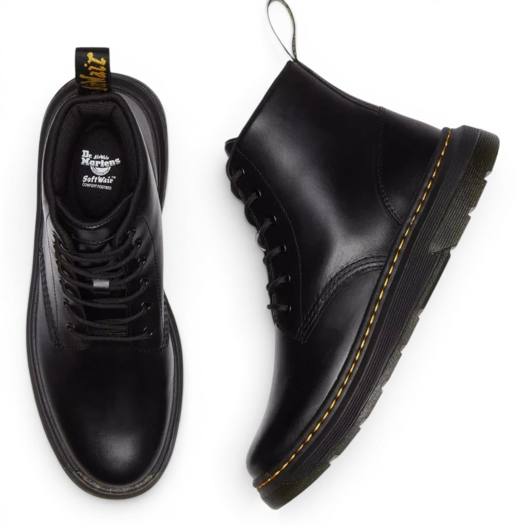 ShoeShop Dr. Martens black leather lace-up boots with signature yellow stitching and SoftWair comfort insoles.