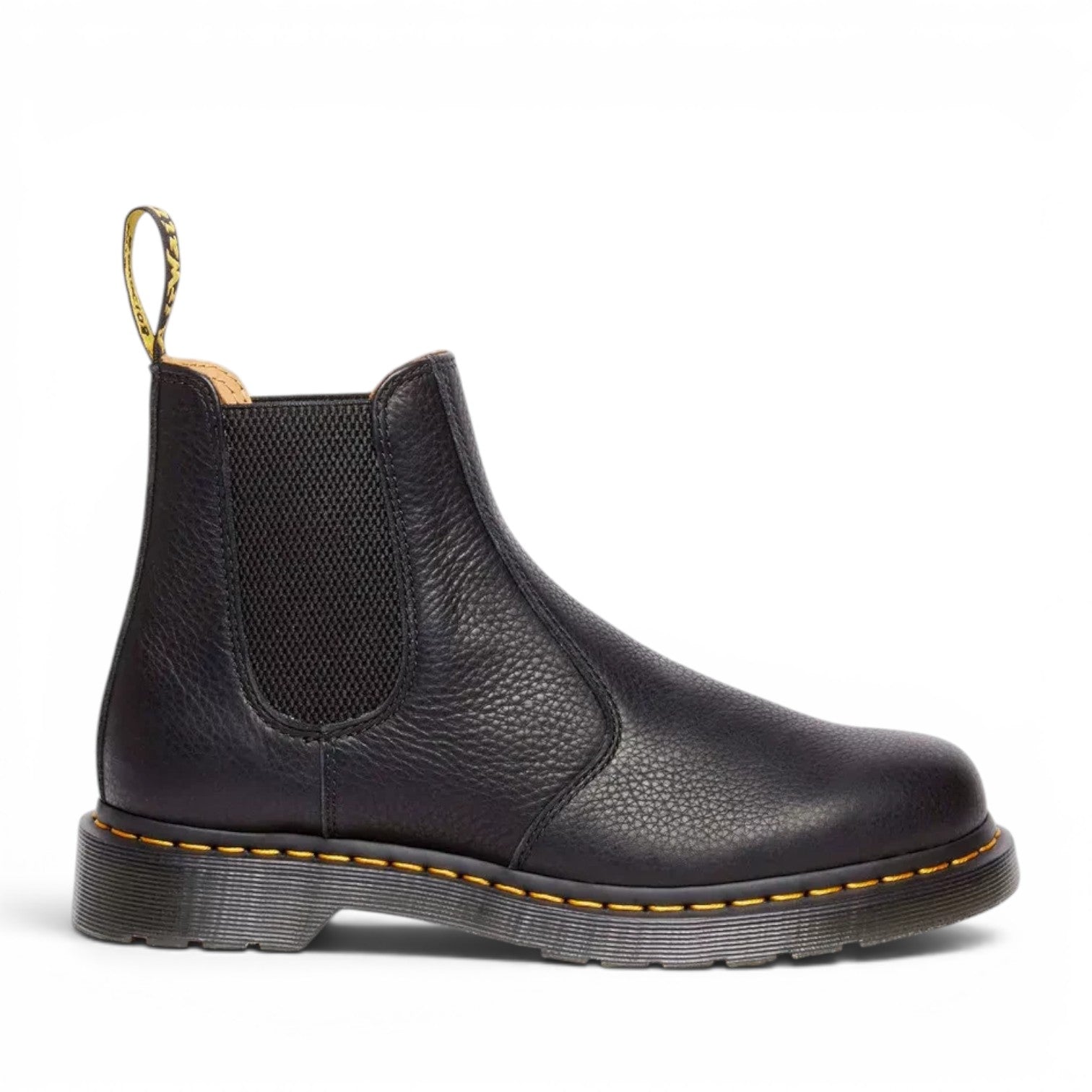 ShoeShop Dr. Martens 2976 Ambassador black soft leather Chelsea boots with yellow stitching and elastic side panels.