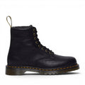 ShoeShop Dr. Martens 1460 black grizzly leather boots with faux fur lining and signature yellow stitching.