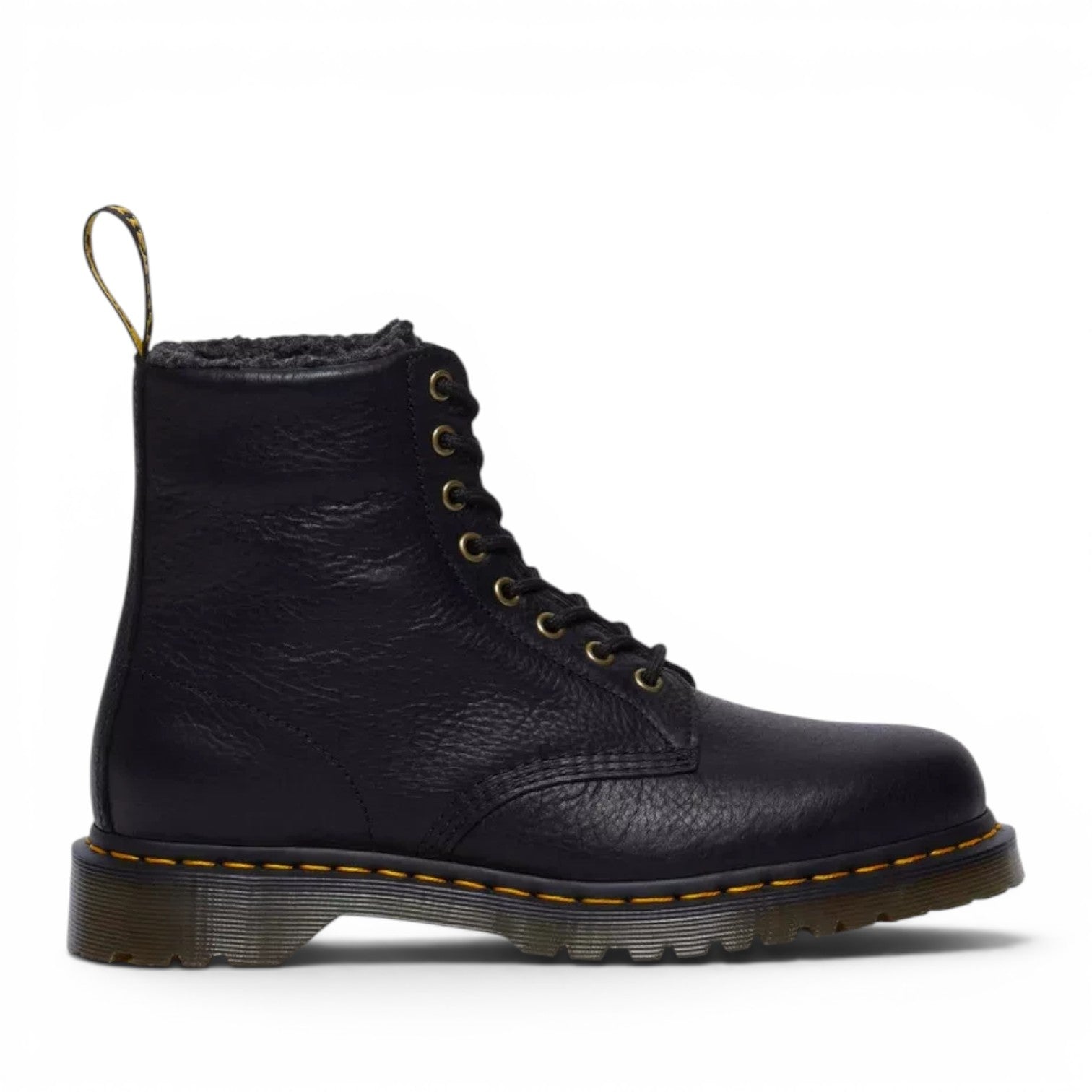 ShoeShop Dr. Martens 1460 black grizzly leather boots with faux fur lining and signature yellow stitching.