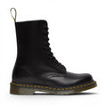 ShoeShop Dr. Martens black patent leather 10-eyelet boots with iconic yellow stitching and PVC sole