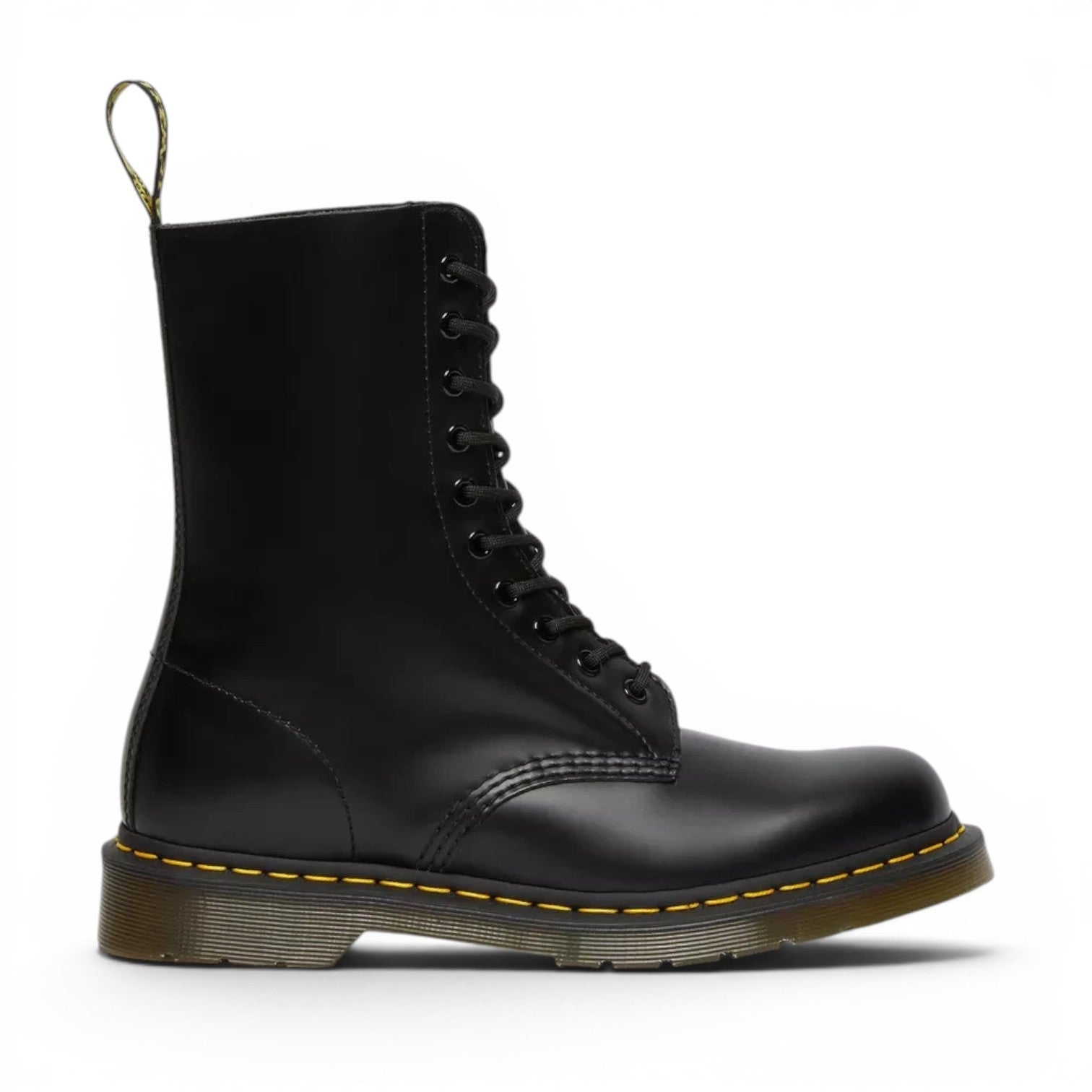 ShoeShop Dr. Martens black patent leather 10-eyelet boots with iconic yellow stitching and PVC sole