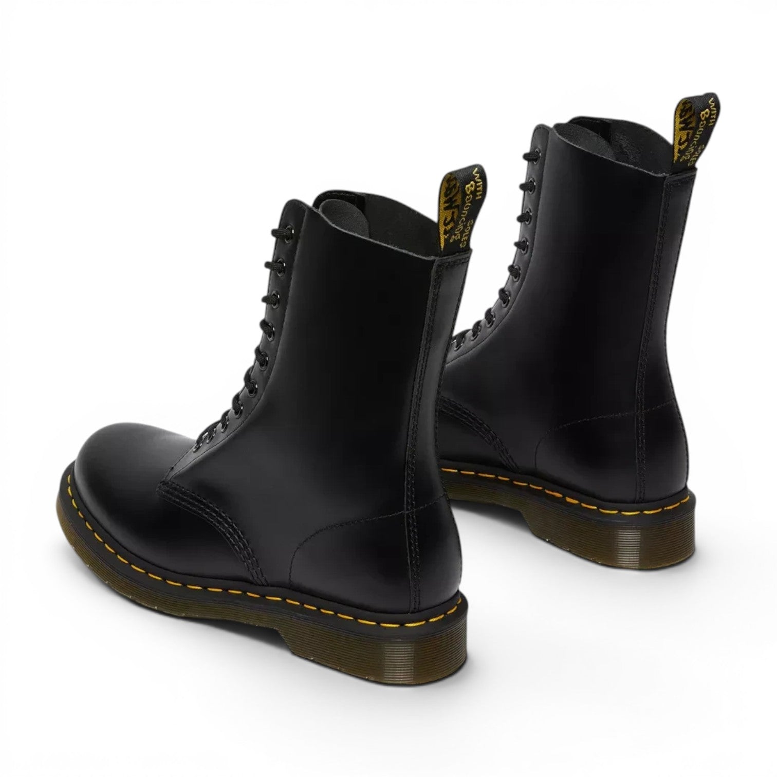 ShoeShop Dr. Martens 11857001 black patent leather boots with iconic yellow stitching and heel pull tab