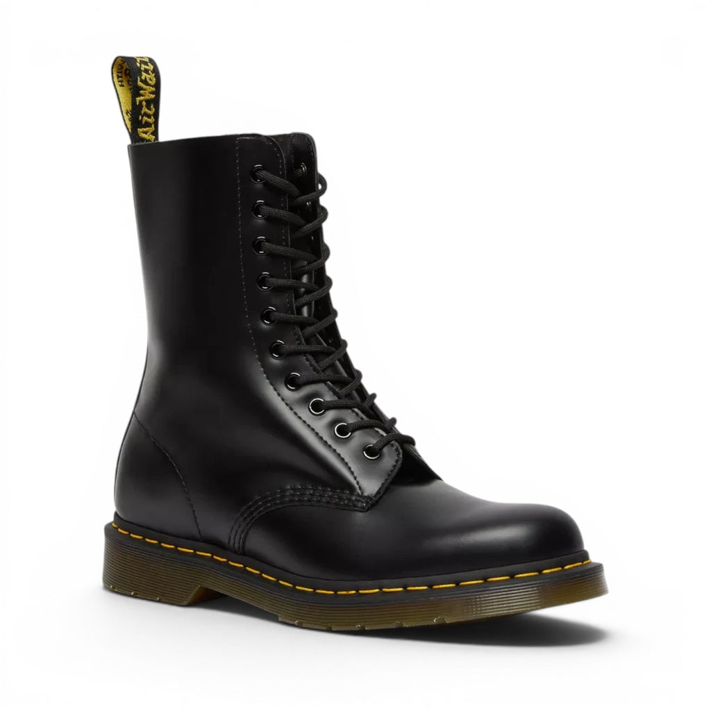 ShoeShop Dr. Martens 11857001 black patent leather lace-up boots with yellow stitching and signature heel loop