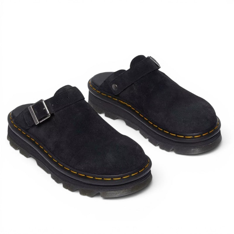 ShoeShop Dr. Martens Zebzag black suede slingback mules with buckle strap and signature yellow welt stitching