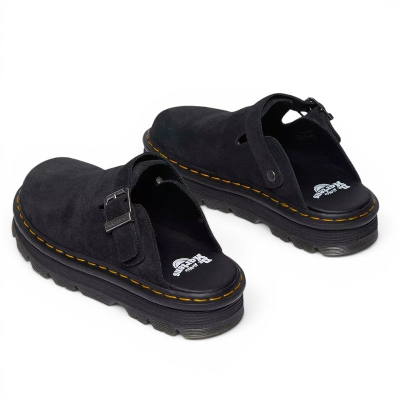 ShoeShop Dr. Martens Zebzag black suede casual slingback sandals with signature yellow stitching and platform sole