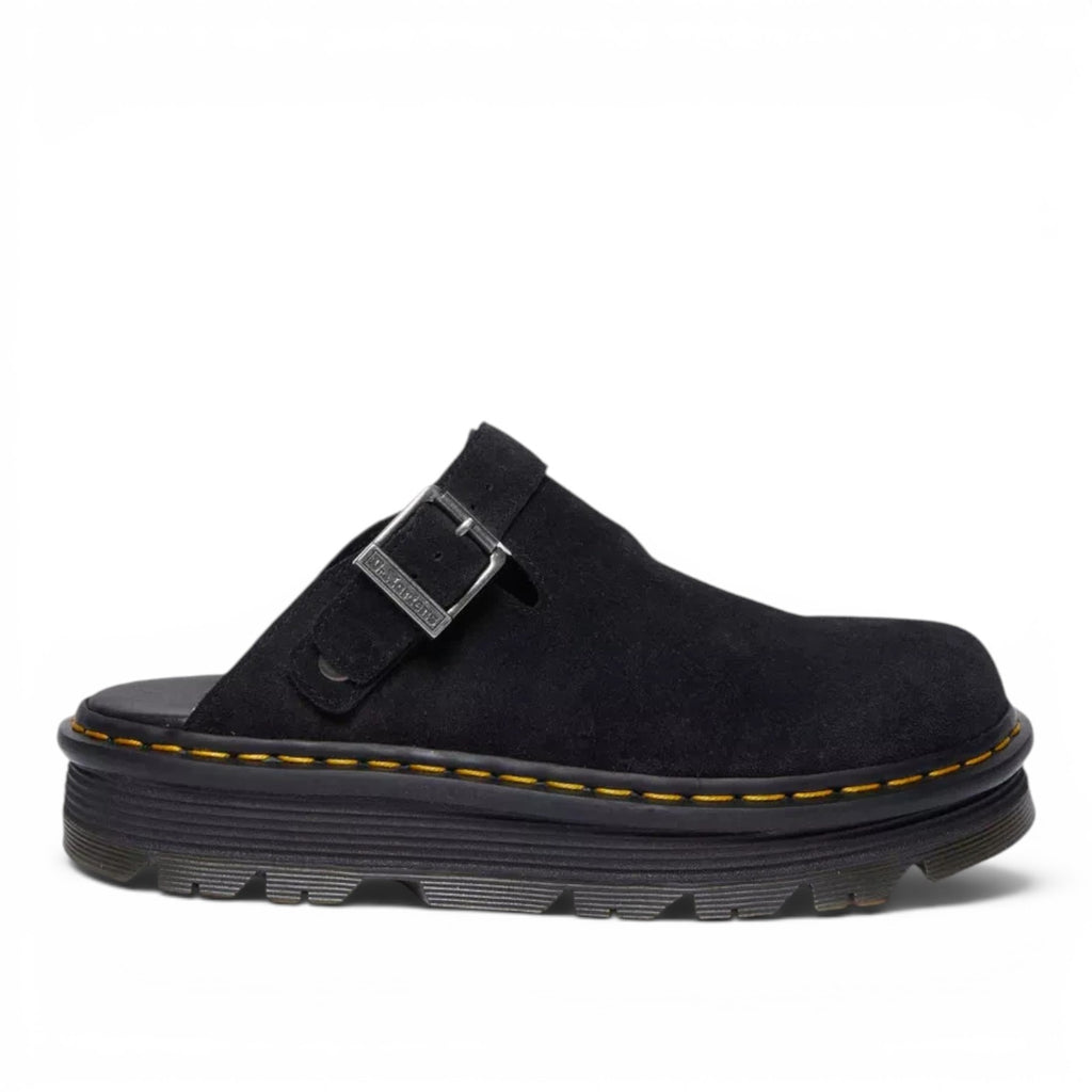 ShoeShop Dr. Martens Zebzag black suede casual slingback mule with signature yellow welt stitching and PVC sole
