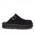 ShoeShop Dr. Martens Zebzag black suede casual slingback mule with signature yellow welt stitching and PVC sole