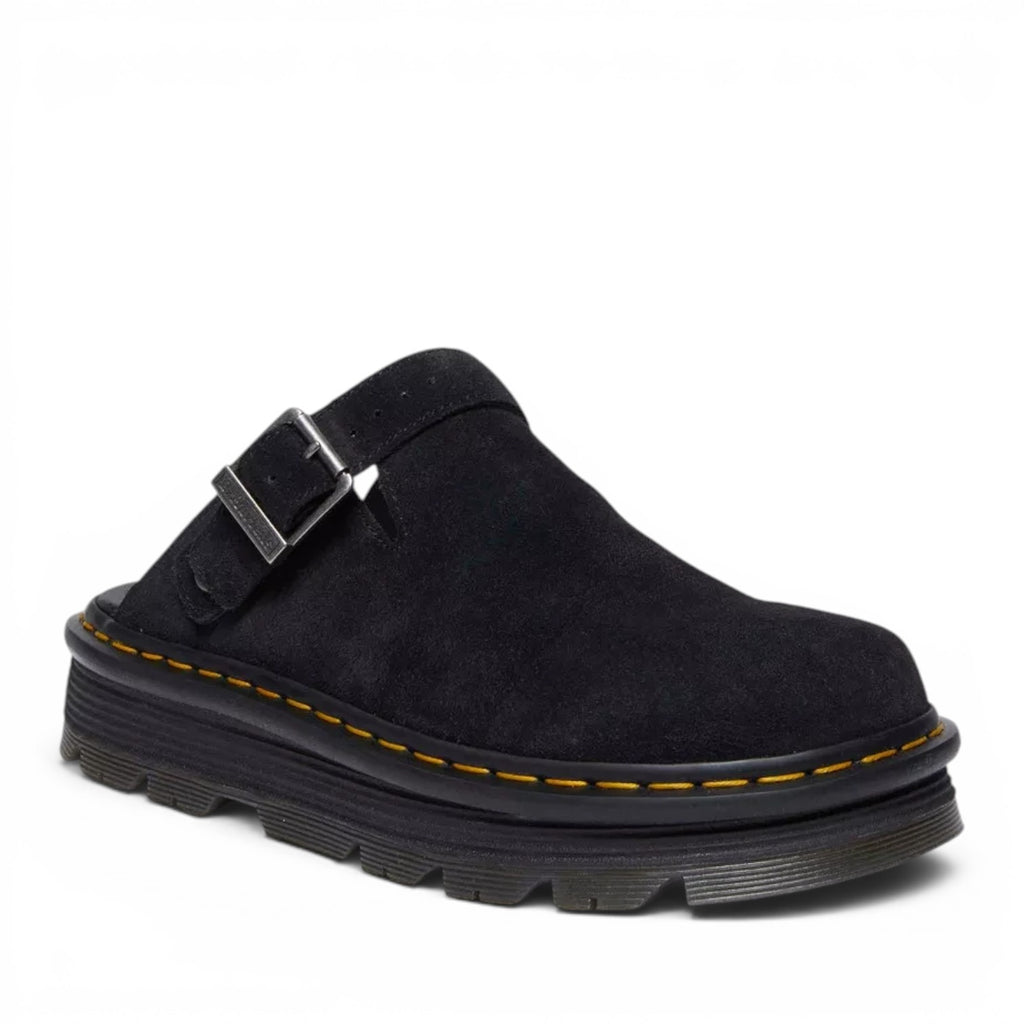 ShoeShop Dr. Martens Zebzag black suede casual slingback mule with buckle strap and signature yellow welt stitching