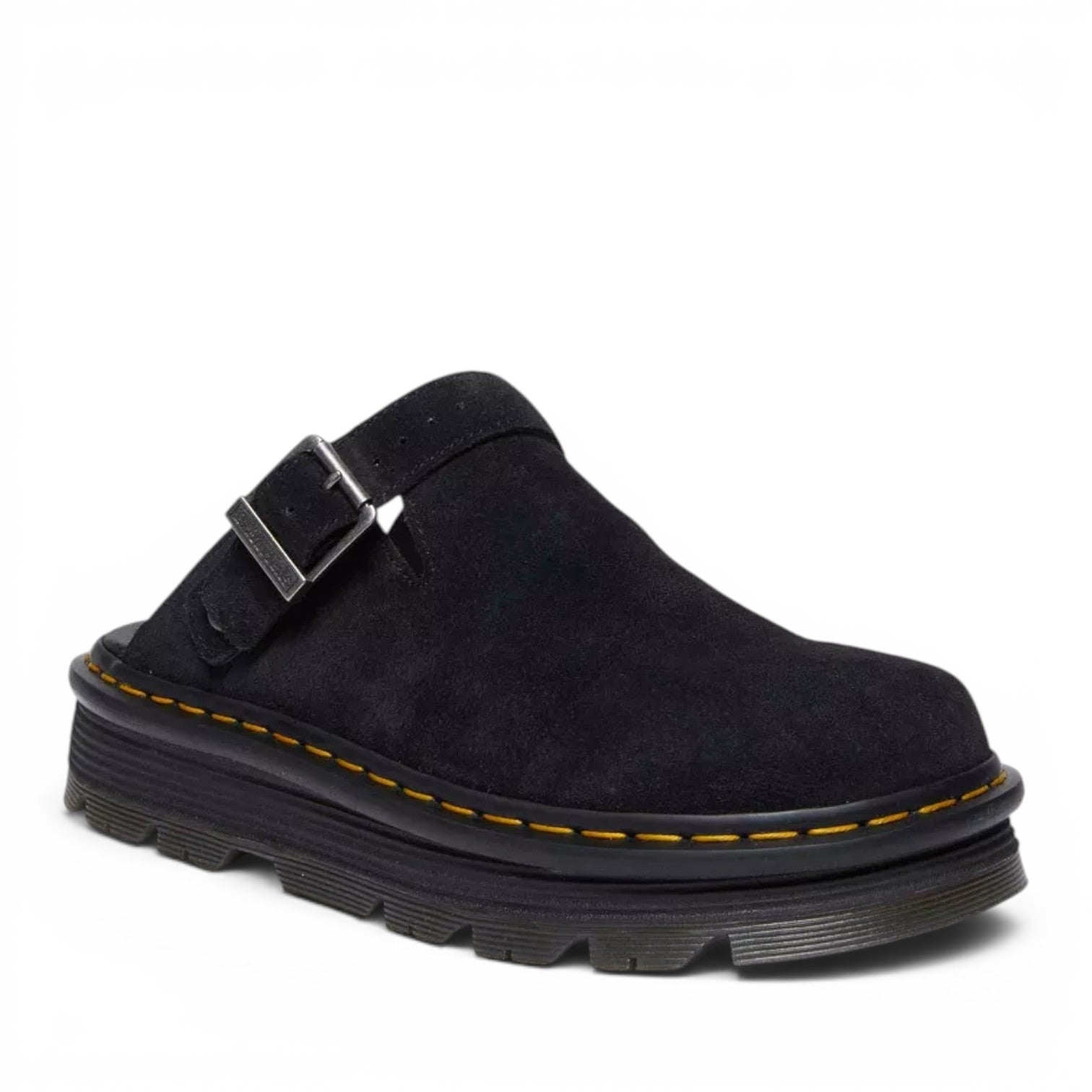 ShoeShop Dr. Martens Zebzag black suede casual slingback mule with buckle strap and signature yellow welt stitching
