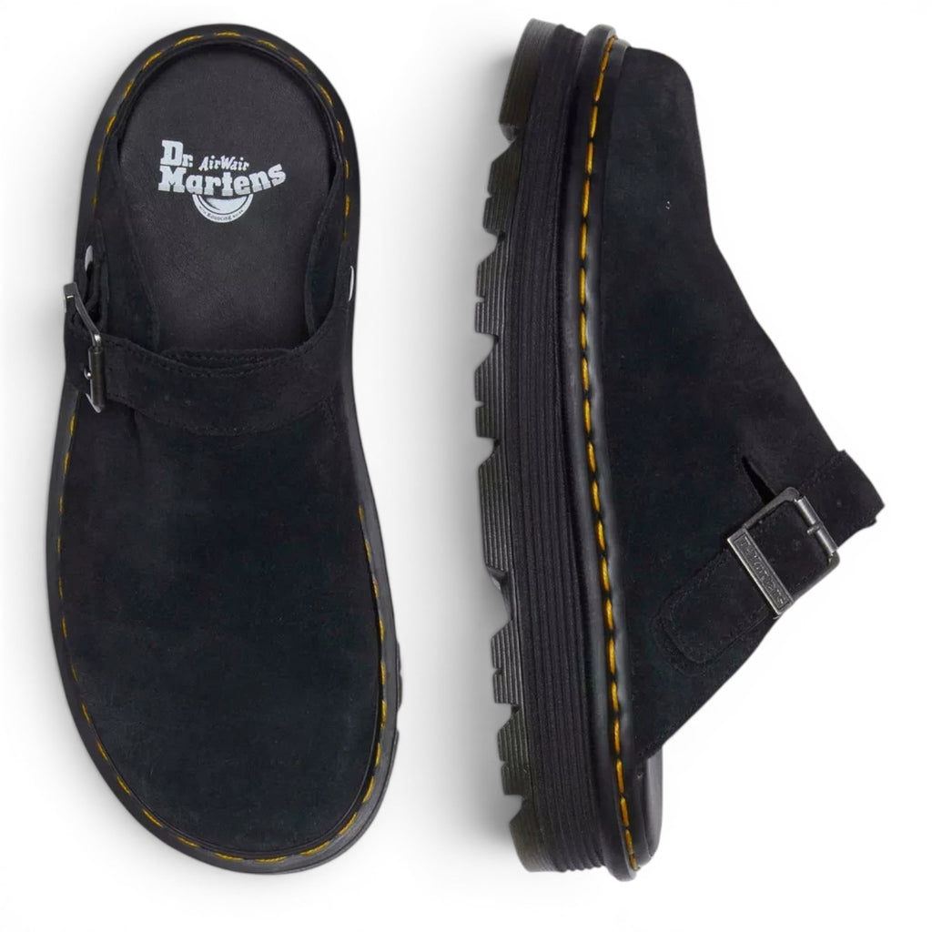 ShoeShop Dr. Martens Zebzag black suede slingback mules with signature yellow stitching and buckle strap detail
