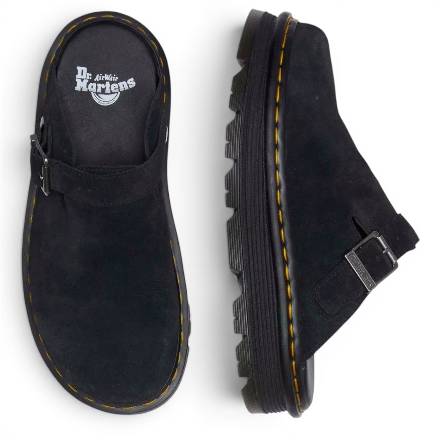 ShoeShop Dr. Martens Zebzag black suede slingback mules with signature yellow stitching and buckle strap detail