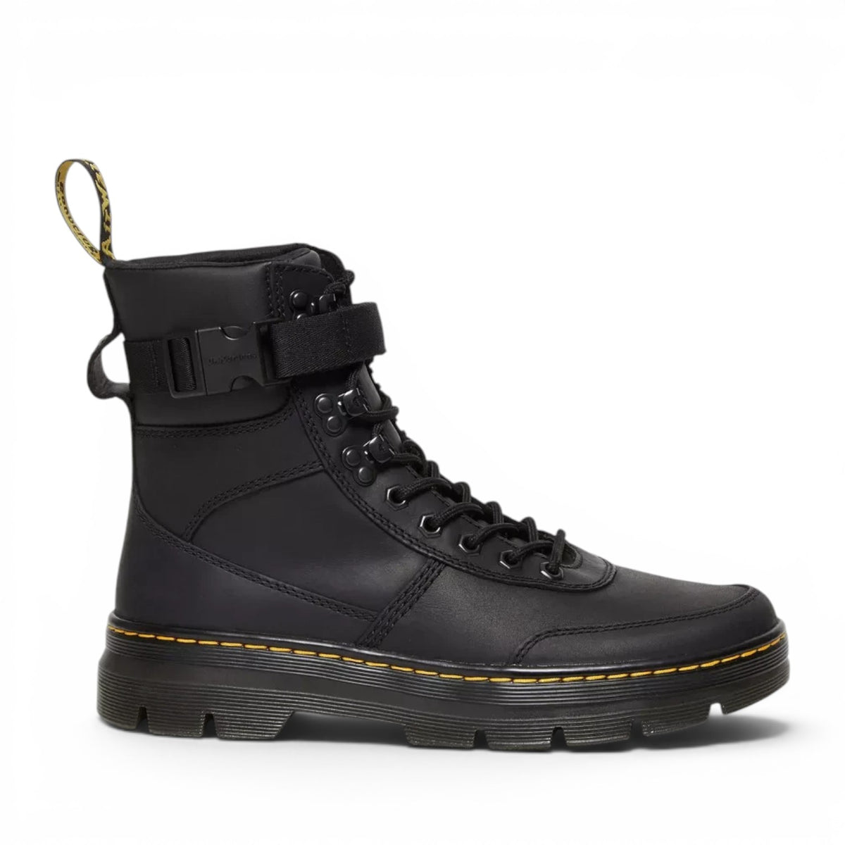 ShoeShop Dr. Martens Combs Tech II black Wyoming leather utility boots with buckle strap and yellow welt stitching