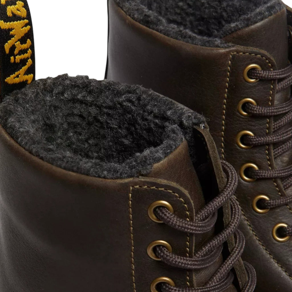 ShoeShop Dr. Martens 1460 boots in brown grizzly leather with warm grey faux fur lining and gold eyelets
