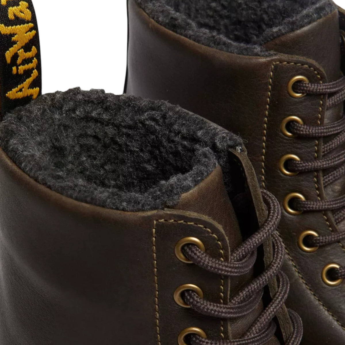 ShoeShop Dr. Martens 1460 boots in brown grizzly leather with warm grey faux fur lining and gold eyelets