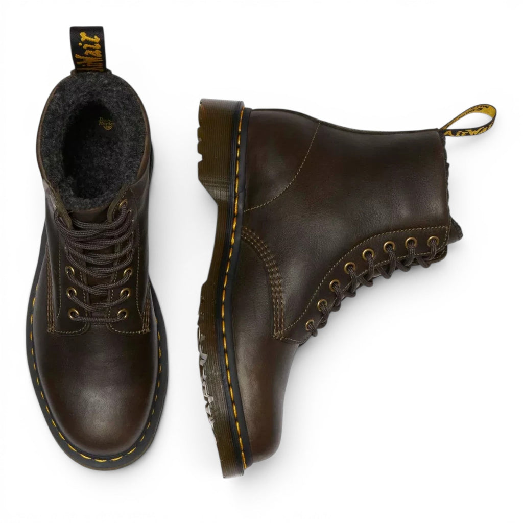 ShoeShop Dr. Martens 1460 brown grizzly leather boots with warm faux fur lining and signature yellow stitching