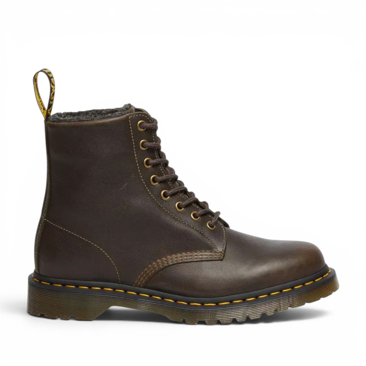 ShoeShop Dr. Martens 1460 brown grizzly leather boots with faux fur lining and signature yellow welt stitching