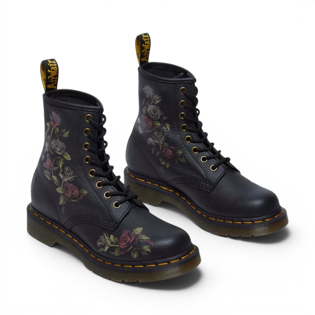 ShoeShop Dr. Martens 1460 Decayed Roses black leather boots with floral print and yellow welt stitching