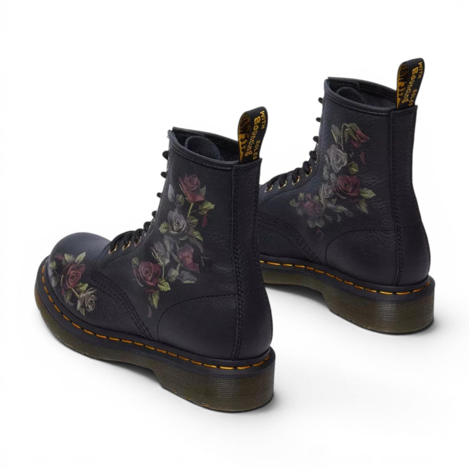 ShoeShop Dr. Martens 1460 Decayed Roses black leather boots with floral print and yellow welt stitching