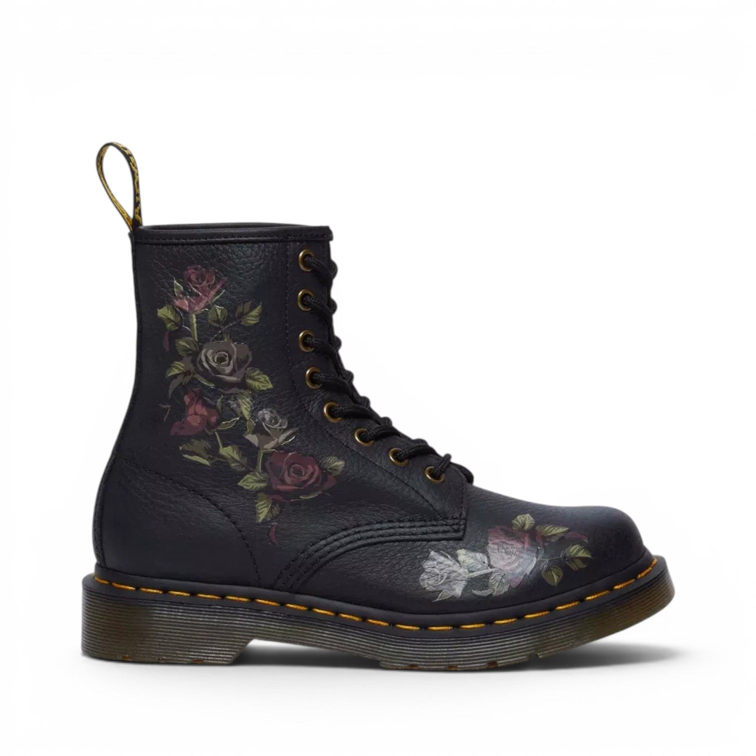 ShoeShop Dr. Martens 1460 Decayed Roses black leather boots with floral print and yellow stitching