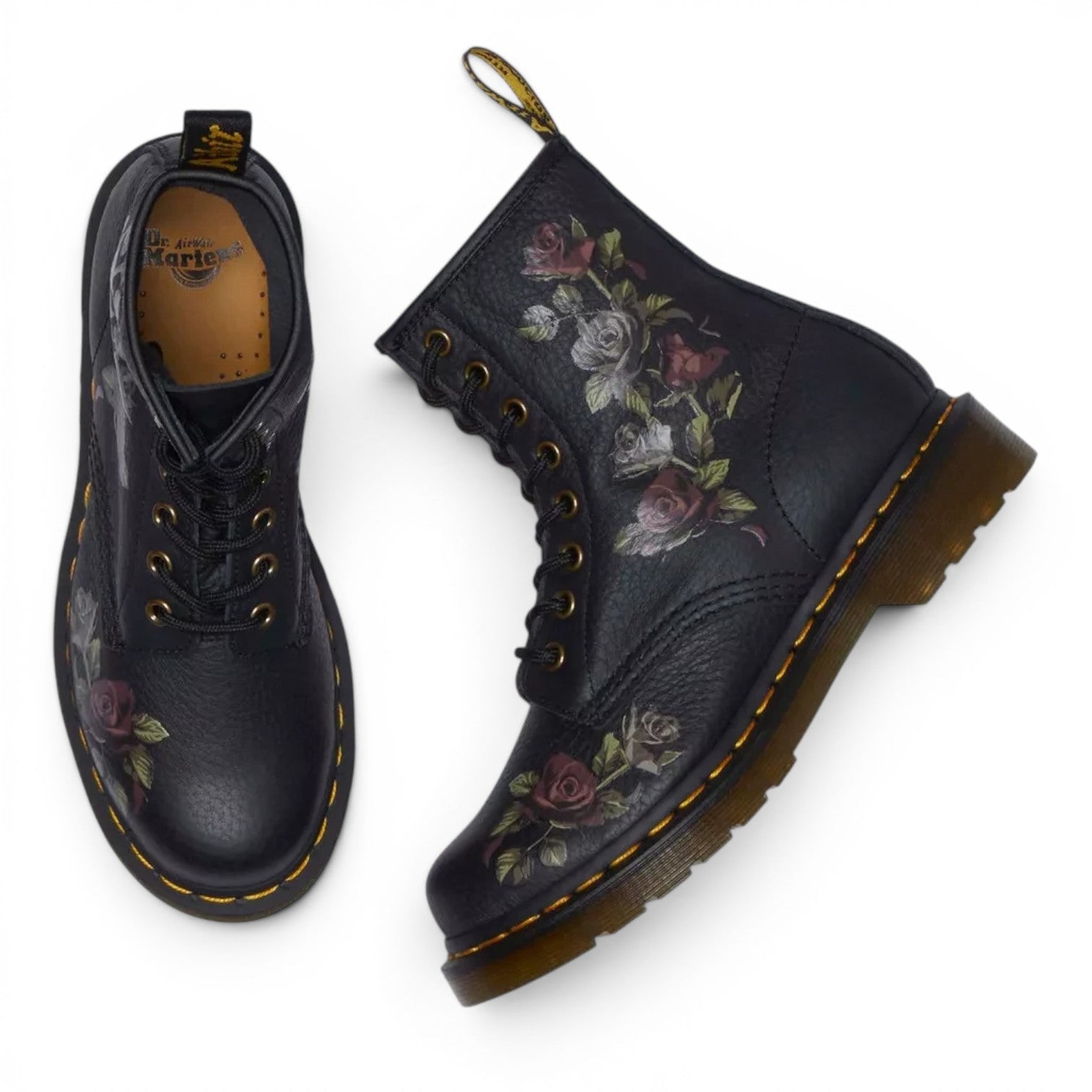 ShoeShop Dr. Martens 1460 Decayed Roses black leather boots with floral print and yellow welt stitching