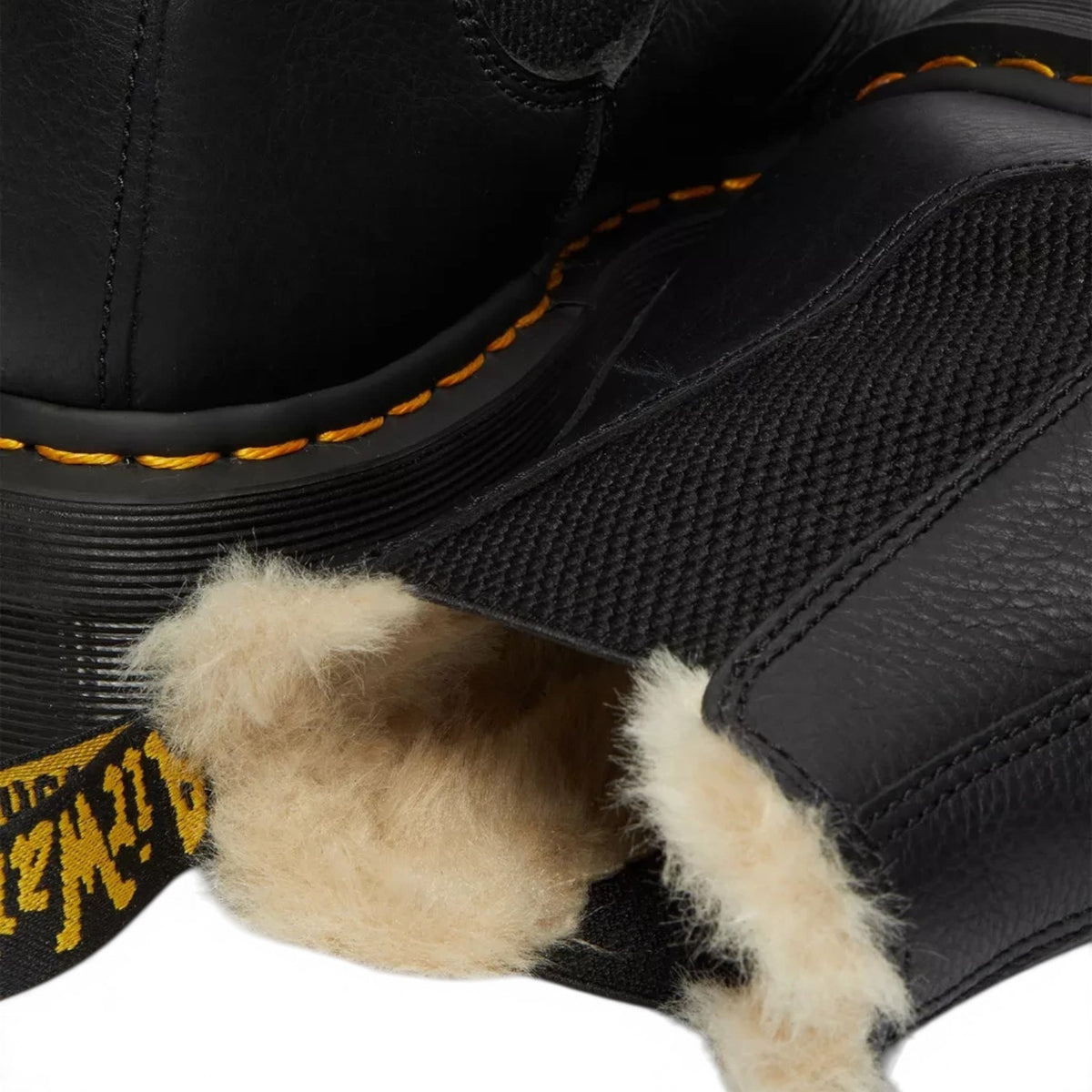 ShoeShop Dr. Martens 2976 Quad black nappa leather platform Chelsea boots with warm faux fur lining and yellow stitching