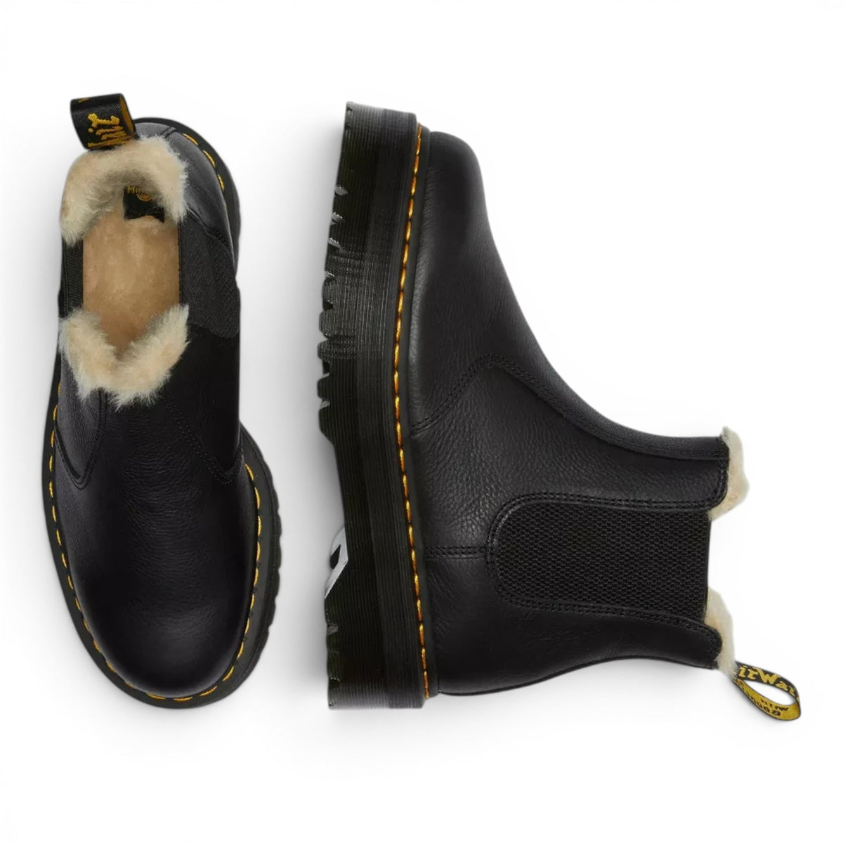 ShoeShop Dr. Martens 2976 Quad black nappa leather platform Chelsea boots with warm faux fur lining and yellow stitching