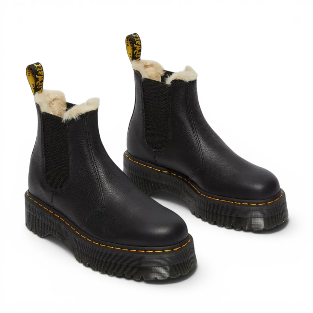 ShoeShop Dr. Martens 2976 Quad black nappa leather platform Chelsea boots with warm faux fur lining and yellow stitching