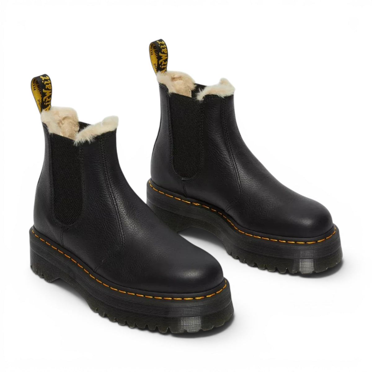 ShoeShop Dr. Martens 2976 Quad black nappa leather platform Chelsea boots with warm faux fur lining and yellow stitching