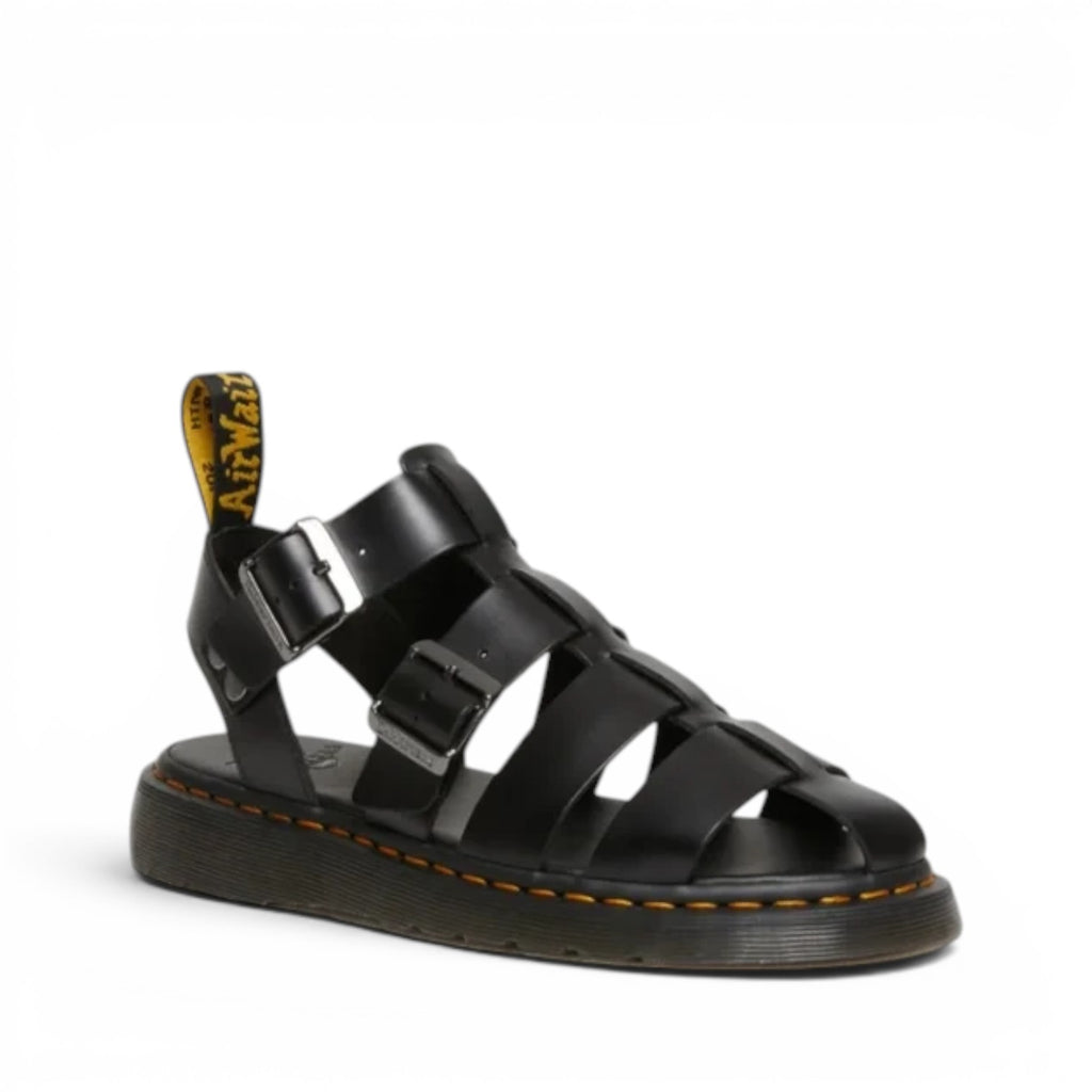 ShoeShop Dr. Martens Garin Brando black leather gladiator sandals with dual buckles and yellow welt stitching