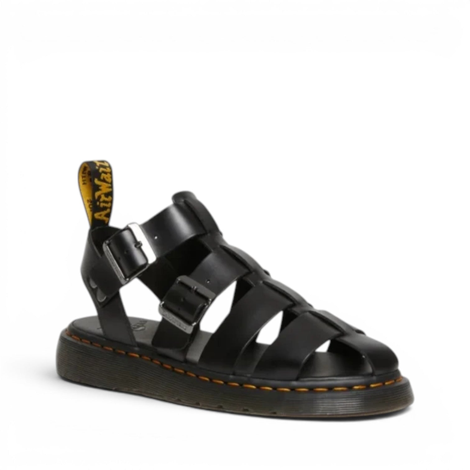 ShoeShop Dr. Martens Garin Brando black leather gladiator sandals with dual buckles and yellow welt stitching