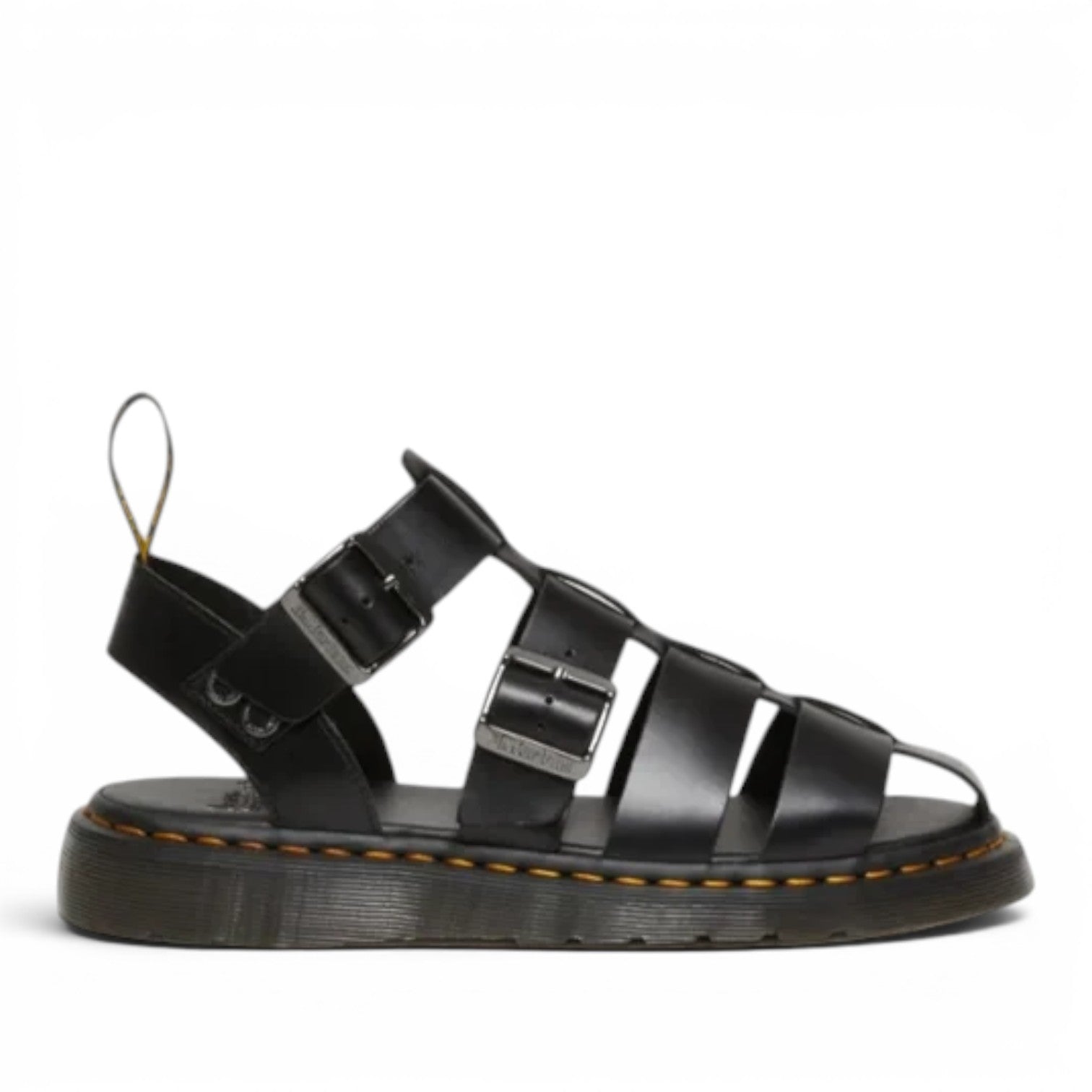ShoeShop Dr. Martens Garin Brando black leather gladiator sandals with adjustable buckle straps and signature yellow stitching.