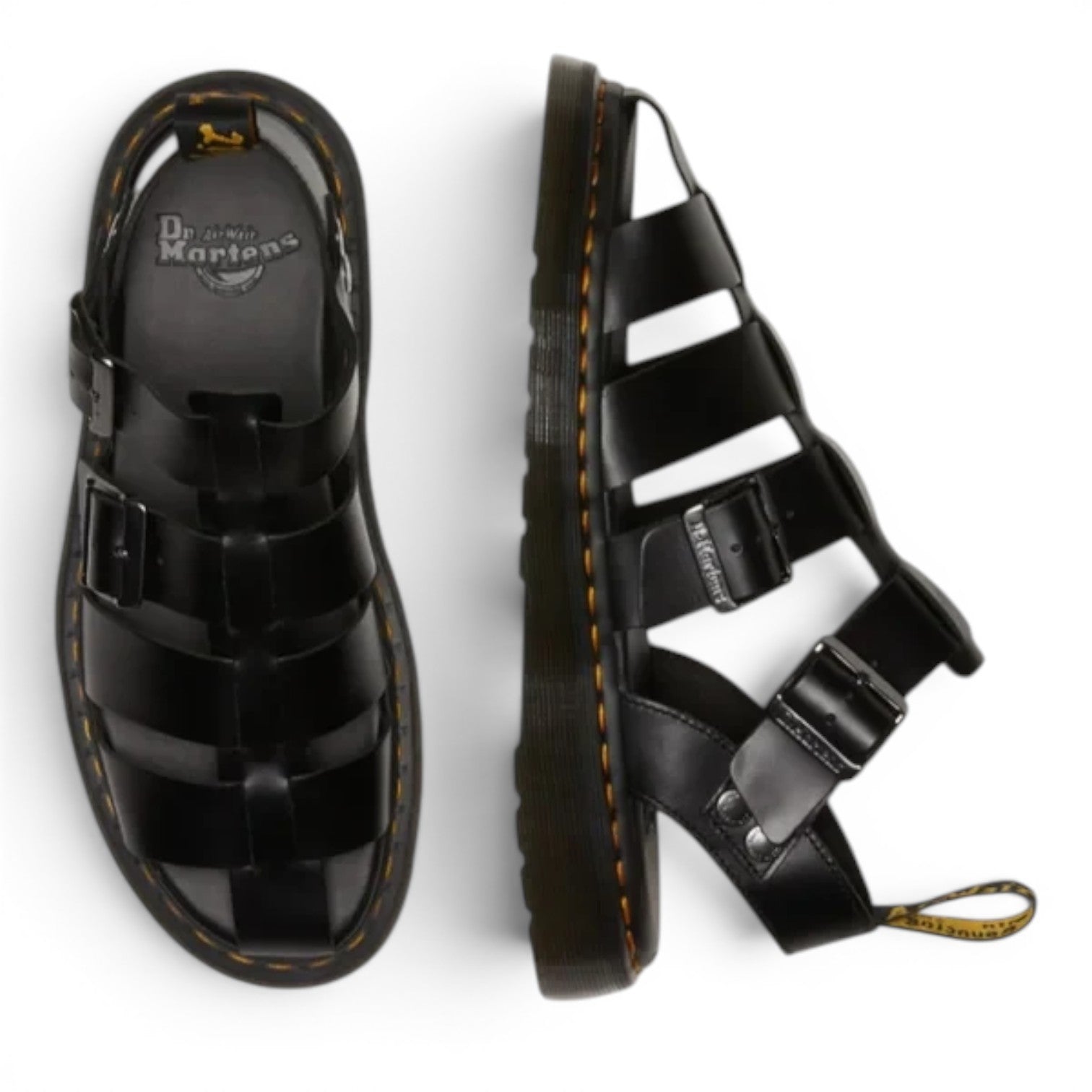 ShoeShop Dr. Martens Garin Brando black leather gladiator sandals with adjustable buckles and signature yellow stitching