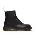 ShoeShop Dr. Martens 1460 Felix vegan black leather lace-up boots with yellow stitching and gold eyelets.